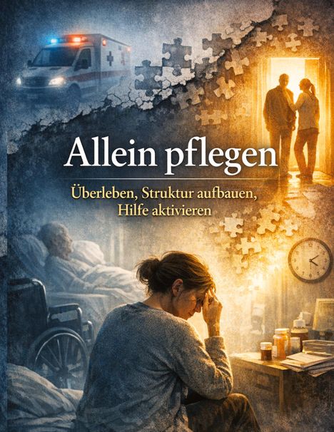 „Allein pflegen: Überleben, Struktur aufbauen, Hilfe aktivieren.“ Eine Illustration zeigt Pflege, Stress und Ambulanz.