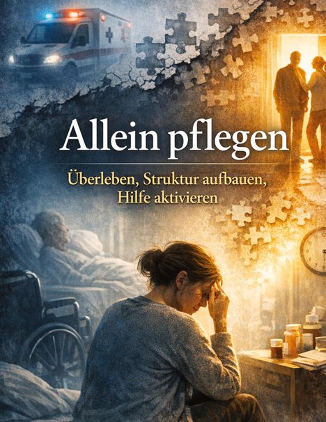„Allein pflegen“, „Überleben, Struktur aufbauen, Hilfe aktivieren“. Illustration mit Pflegeperson und Krankenwagen.