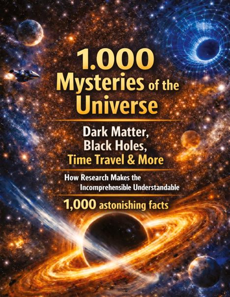 „1.000 Mysteries of the Universe“: Dunkle Materie, Schwarze Löcher, Zeitreisen. Hintergrund: Weltraum mit Planeten.