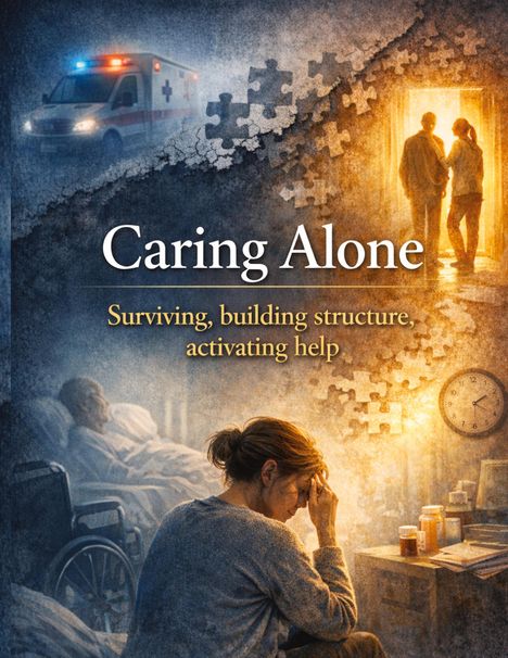 "Caring Alone. Surviving, building structure, activating help." Illustration: Frau im stressigen Umfeld, Krankenwagen, Puzzleteile.