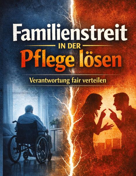 "Familienstreit in der Pflege lösen. Verantwortung fair verteilen." Links: Person im Rollstuhl; rechts: streitendes Paar.