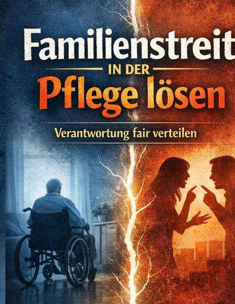 Text: "Familienstreit in der Pflege lösen. Verantwortung fair verteilen." Links Person im Rollstuhl, rechts Silhouetten im Streit.