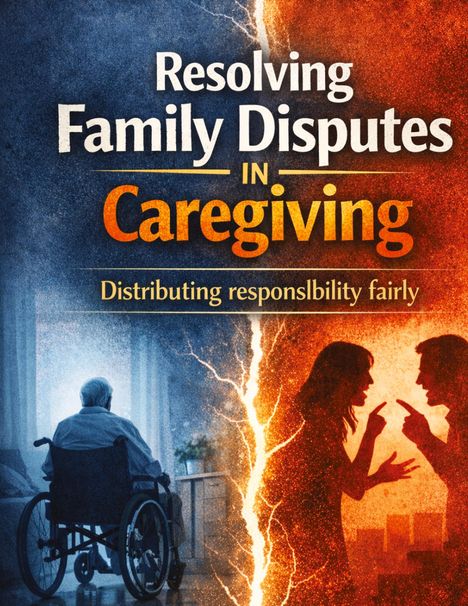 Text: "Resolving Family Disputes in Caregiving. Distributing responsibility fairly." Links ein Mann im Rollstuhl; rechts streitendes Paar.