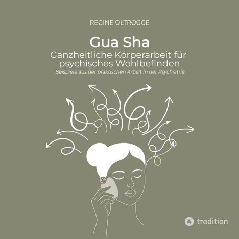 Text: "REGINE OLTROGGE Gua Sha Ganzheitliche Körperarbeit für psychisches Wohlbefinden..."

Illustration: Frau mit Gua Sha Stein, Pfeile und Linien.