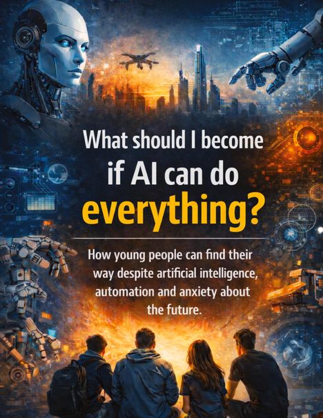 „What should I become if AI can do everything?“; Roboter, Stadt, Menschen; Thema: Zukunft und künstliche Intelligenz.