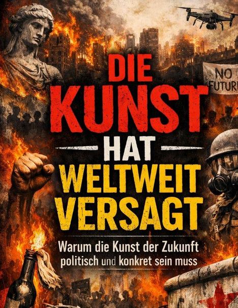Texte: "DIE KUNST HAT WELTWEIT VERSAGT. Warum die Kunst der Zukunft politisch und konkret sein muss." Hintergrund: brennende Stadt, Statue.