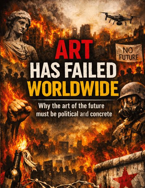 "ART HAS FAILED WORLDWIDE" überflammt. Statue, brennende Stadt, Faust, Soldat mit Gasmaske, Drohne, "NO FUTURE"-Schild.