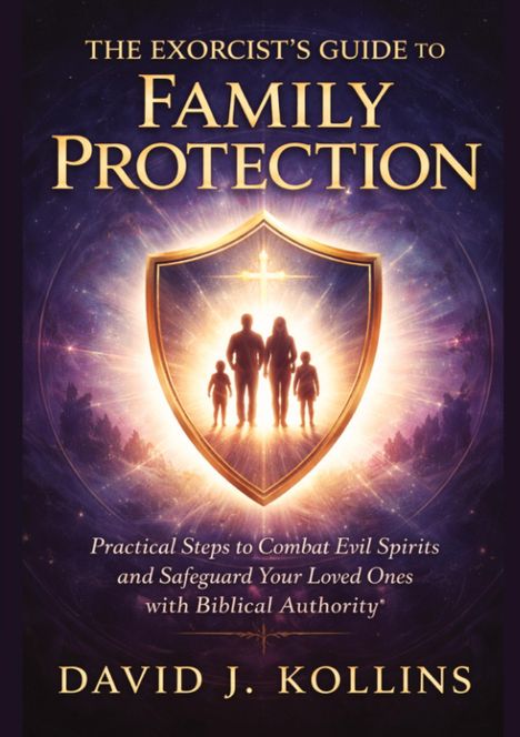 "The Exorcist’s Guide to Family Protection", ein Schild-Emblem mit Silhouetten einer Familie und einem Lichtkreuz.