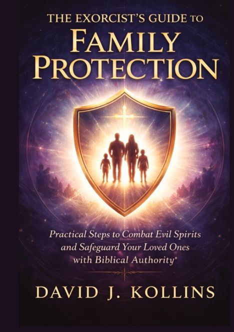 "The Exorcist’s Guide to Family Protection" von David J. Kollins. Illustration: Familie im leuchtenden Schild mit Kreuz.