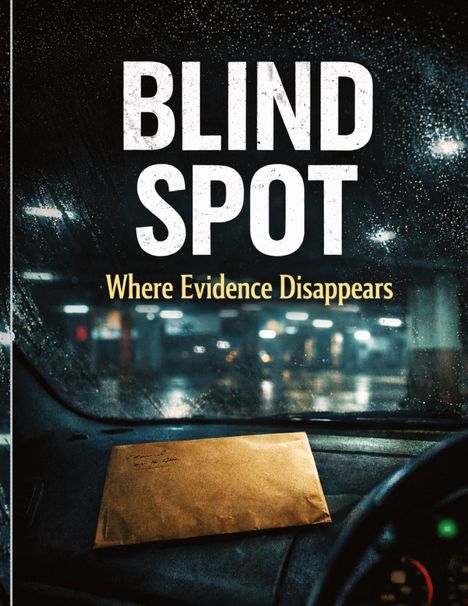 Text: „BLIND SPOT Where Evidence Disappears.“ Ein Umschlag liegt auf einem regennassen Autofenster.