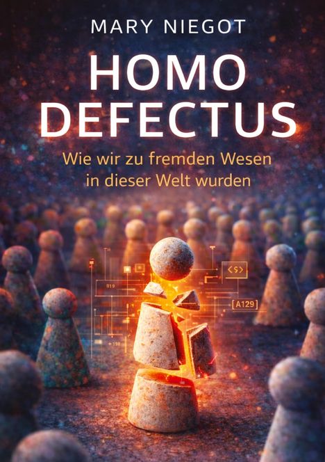 Titel: "Homo Defectus: Wie wir zu fremden Wesen in dieser Welt wurden" von Mary Niegot. Zerbrochene Figur umgeben von Figuren.