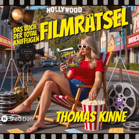 „Das Buch der total kniffligen Filmrätsel“ und „THOMAS KINNE“ in gelber Schrift. Frau liest auf einem Filmset.
