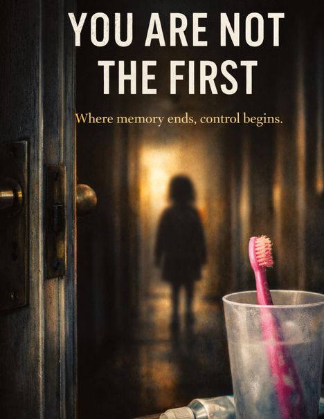 Text: "YOU ARE NOT THE FIRST. Where memory ends, control begins." Verschwommener Gang, Silhouette eines Mädchens, Zahnbürste im Vordergrund.