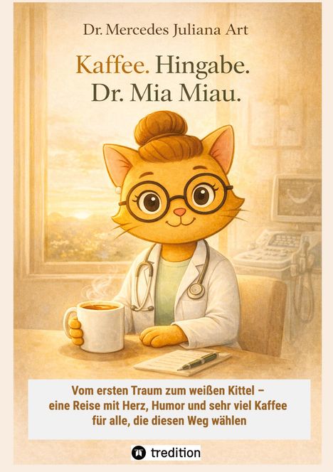 „Dr. Mercedes Juliana Art. Kaffee. Hingabe. Dr. Mia Miau.“ Eine anthropomorphe Katze als Ärztin hält eine Kaffeetasse.
