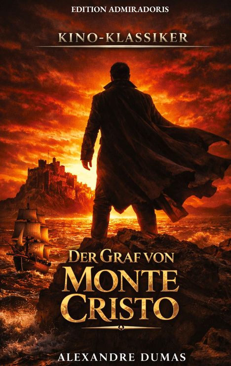 "KINO-KLASSIKER, Der Graf von Monte Cristo, Alexandre Dumas. Silhouette eines Mannes, der aufs Meer mit Schiff blickt."