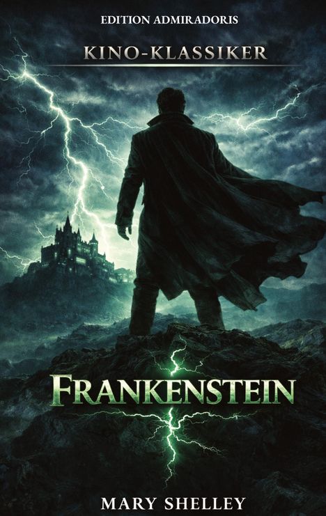 "Edition Admiradoris. Kino-Klassiker. Frankenstein. Mary Shelley." Silhouette eines Mannes vor einer Burg, mit Blitzen.