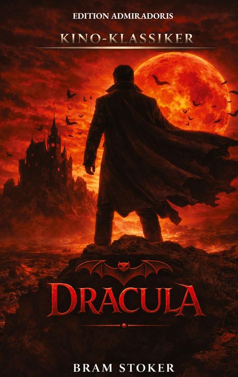 "EDITION ADMIRADORIS KINO-KLASSIKER DRACULA BRAM STOKER" steht über einer dramatischen, roten Szene mit Schloss.