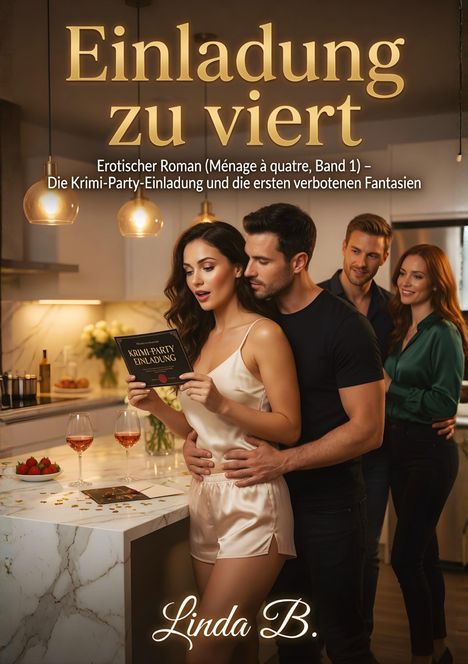 "Einladung zu viert. Erotischer Roman – Die Krimi-Party-Einladung. Zwei Paare in einer modernen, luxuriösen Küche."