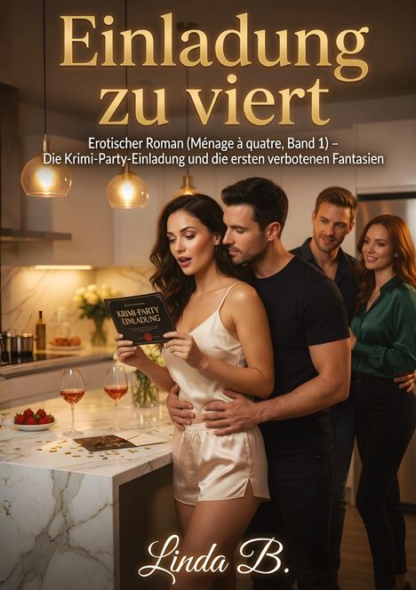 "Einladung zu viert" - Ein Paar liest eine Einladung, zwei Gläser Wein stehen bereit, zwei weitere Personen im Hintergrund.