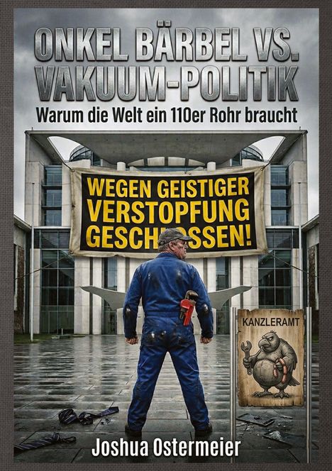 Oben: "ONKEL BÄRBEL VS. VAKUUM-POLITIK". Großes Banner: "WEGEN GEISTIGER VERSTOPFUNG GESCHLOSSEN". Unten: "Joshua Ostermeier". Ein Mann in Arbeitskleidung steht vor einem modernen Gebäude mit einem Schild "KANZLERAMT" daneben.