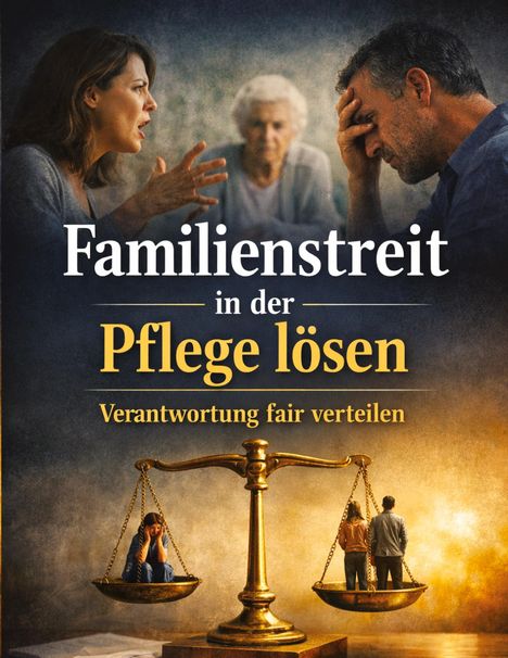 „Familienstreit in der Pflege lösen. Verantwortung fair verteilen.“ Zwei Personen streiten, Waage mit Szenen unten.