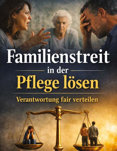 "Familienstreit in der Pflege lösen. Verantwortung fair verteilen." Oben streitende Personen, unten Waage mit Personen.