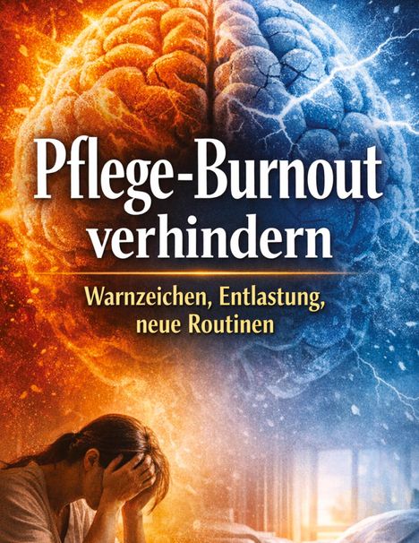 „Pflege-Burnout verhindern. Warnzeichen, Entlastung, neue Routinen.“ Visualisierung: Gehirn aus Feuer und Eis. Frau mit Kopf in Händen.
