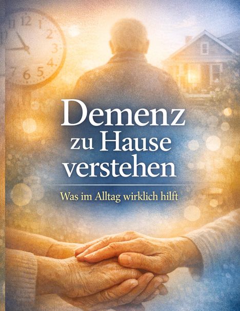 "Demenz zu Hause verstehen. Was im Alltag wirklich hilft." Ein älterer Mann, eine Uhr und zwei Hände, die sich halten.