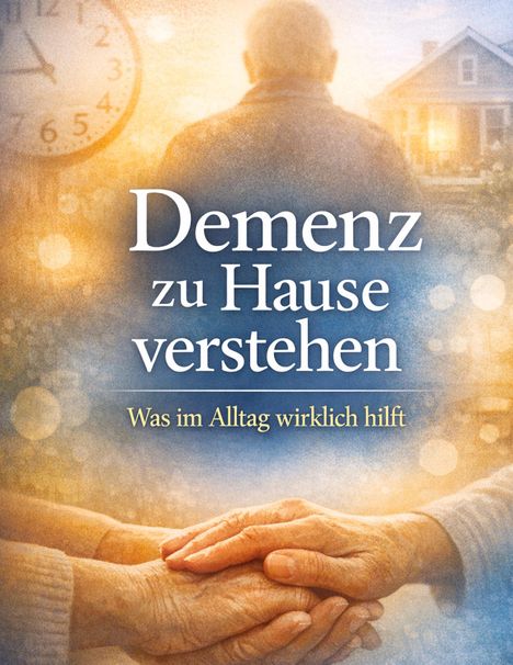 Text steht: „Demenz zu Hause verstehen. Was im Alltag wirklich hilft.“ Illustration mit älterem Mann und Hände halten.