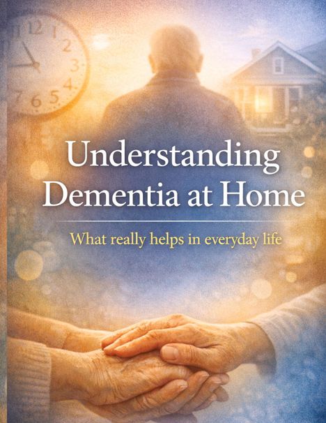 „Understanding Dementia at Home: What really helps in everyday life“. Ältere Person und Haus im Hintergrund, zwei Hände halten sich.