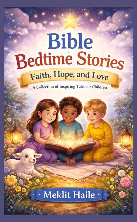 Text: "Bible Bedtime Stories: Faith, Hope, and Love". Drei Kinder lesen unter einem Sternenhimmel, ein Lamm neben Blumen.