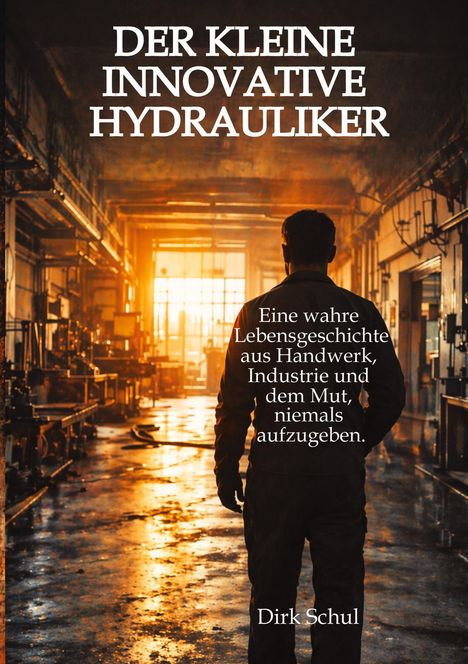 Text: "Der kleine innovative Hydrauliker. Eine wahre Lebensgeschichte aus Handwerk, Industrie und dem Mut, niemals aufzugeben." - Hintergrund: Eine Werkstatt mit einem Mann im Vordergrund, der in Richtung eines hell erleuchteten Fensters schaut.