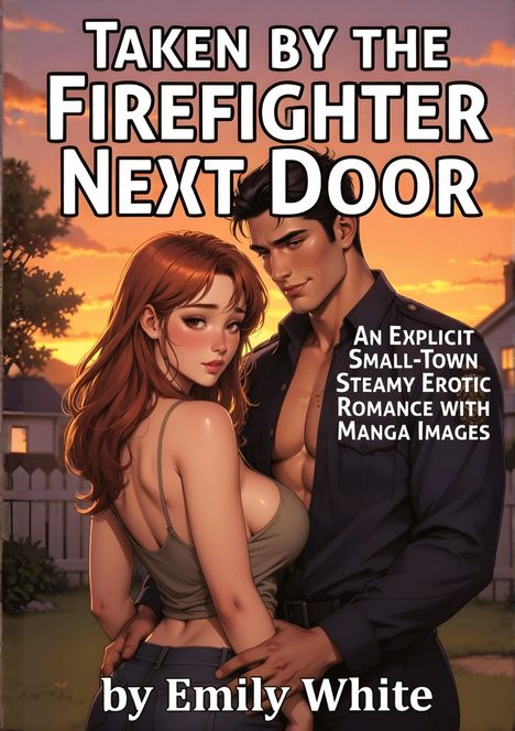 "Taken by the Firefighter Next Door" und "by Emily White". Eine Frau und ein Mann in enger Umarmung im Sonnenuntergang.
