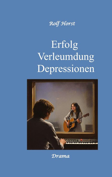 "Erfolg Verleumdung Depressionen" und "Drama". Ein Mann am Keyboard sieht eine Frau mit Gitarre und Kopfhörern an.