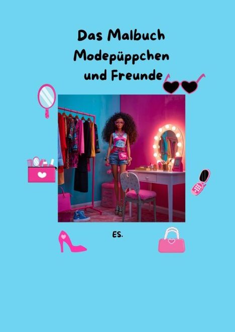 "Das Malbuch Modepüppchen und Freunde" steht oben auf blauem Hintergrund mit buntem Ankleidezimmer und Puppen-Abbildungen.