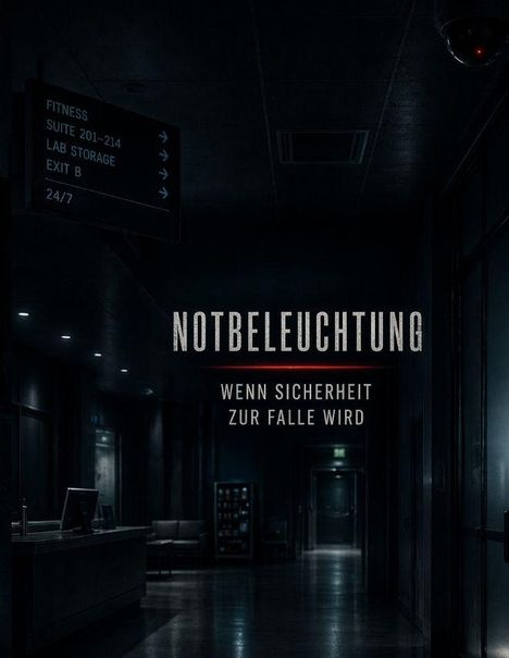 Text: "NOTBELEUCHTUNG, WENN SICHERHEIT ZUR FALLE WIRD." Schild: Fitness, Suite 201-214, Lab Storage, Exit B, 24/7. Dunkler Flur.
