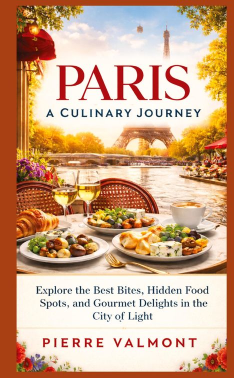"PARIS A CULINARY JOURNEY" steht groß geschrieben. Ein Tisch mit Gourmetgerichten vor der Seine und dem Eiffelturm.