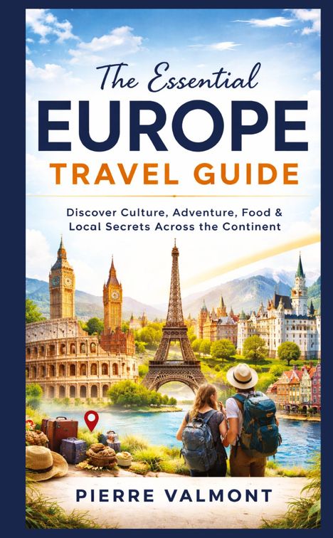 "The Essential Europe Travel Guide" in blauen und orangen Buchstaben. Zwei Reisende blicken auf europäische Sehenswürdigkeiten.