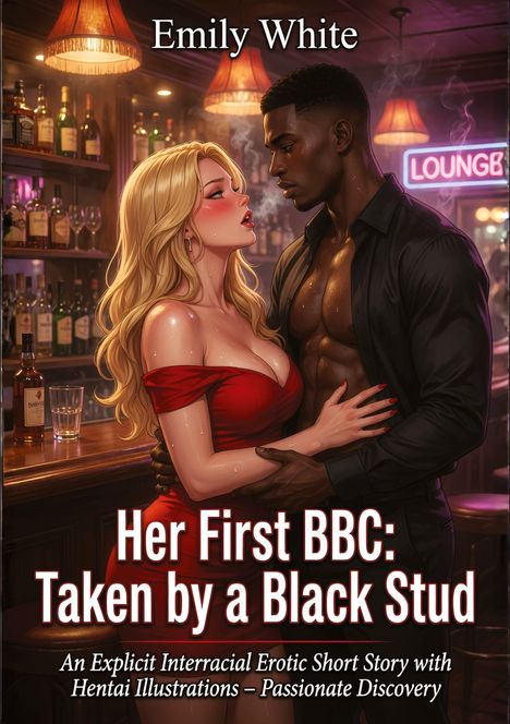 Text: "Emily White, Her First BBC: Taken by a Black Stud." Illustration eines Paares in einer Bar, intensiver Blickkontakt.