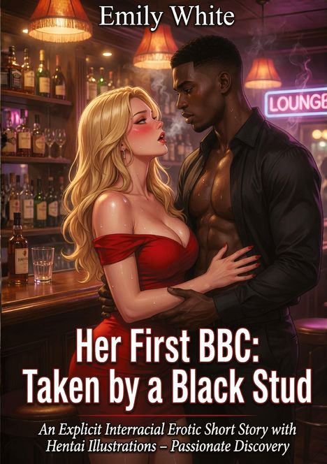 Text: "Emily White", "Her First BBC: Taken by a Black Stud". Illustration zweier Personen in einer Bar mit schummriger Beleuchtung.