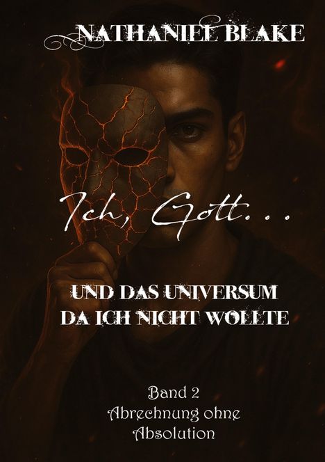 Titel: „Ich, Gott... und das Universum da ich nicht wollte“. Ein Mann hält eine glühende, rissige Maske.