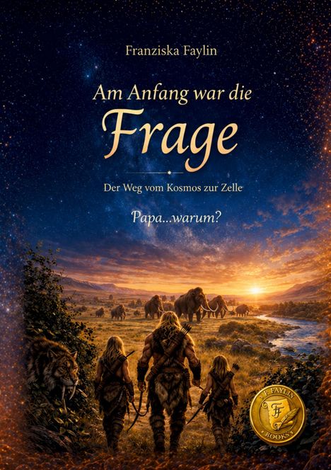 "Am Anfang war die Frage. Der Weg vom Kosmos zur Zelle. Papa...warum?" zeigt eine prähistorische Szene mit Mammuts.