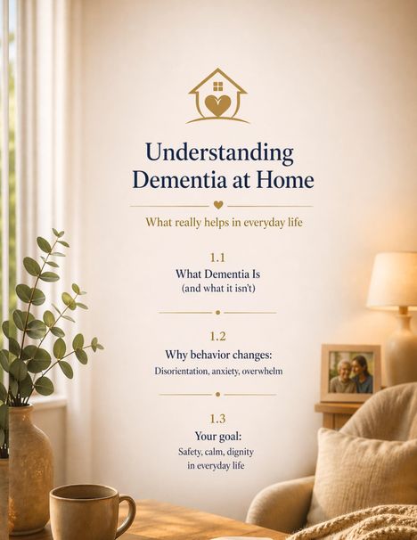 „Understanding Dementia at Home“. Punkte wie Demenzdefinition, Verhaltensänderungen und Ziele. Ein gemütliches Wohnzimmer.