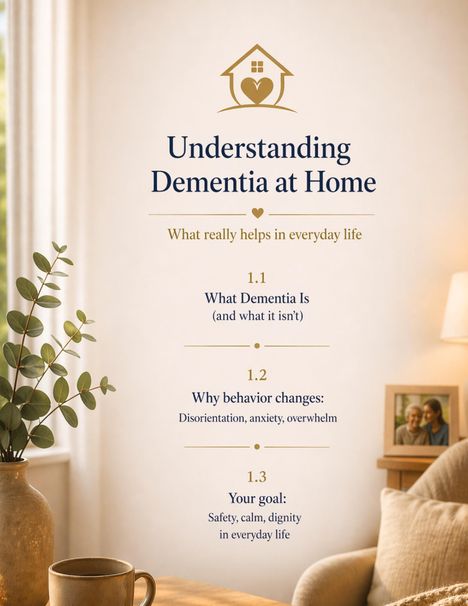 "Understanding Dementia at Home: What really helps in everyday life. 1.1 What Dementia Is, 1.2 Why behavior changes, 1.3 Your goal."  
Ein gemütlicher Wohnbereich ist zu sehen mit Pflanzen und Fotos.