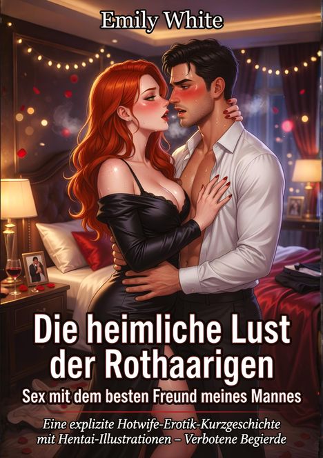 "Die heimliche Lust der Rothaarigen", ein Paar in inniger Nähe, umgeben von romantischer, stimmungsvoller Beleuchtung.