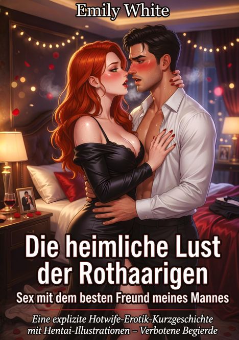 "Die heimliche Lust der Rothaarigen" steht in großen Buchstaben. Zwei Personen stehen sich nah. Der Raum ist romantisch dekoriert.