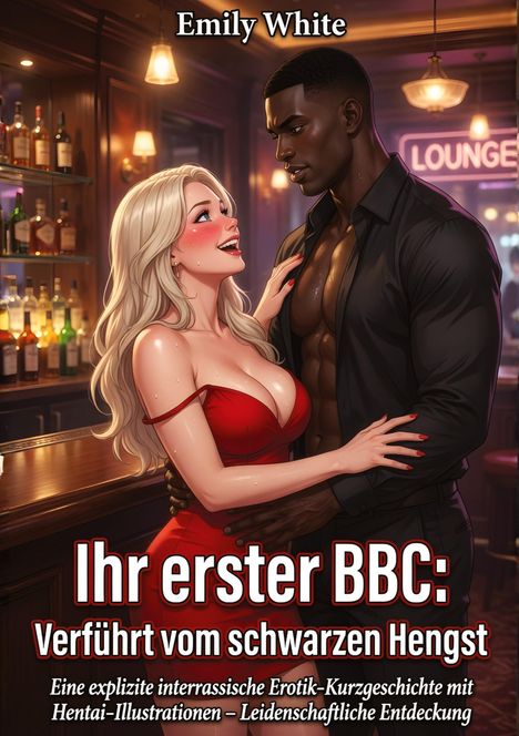 Titel: "Ihr erster BBC: Verführt vom schwarzen Hengst". Illustration: Eine lächelnde blonde Frau mit rotem Kleid in einer Bar.