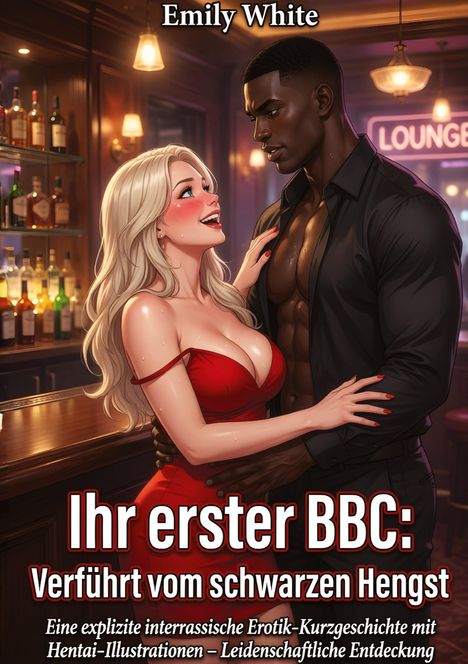 Titel: „Ihr erster BBC: Verführt vom schwarzen Hengst“. Illustration: Eine blonde Frau in rotem Kleid umarmt einen muskulösen Mann.