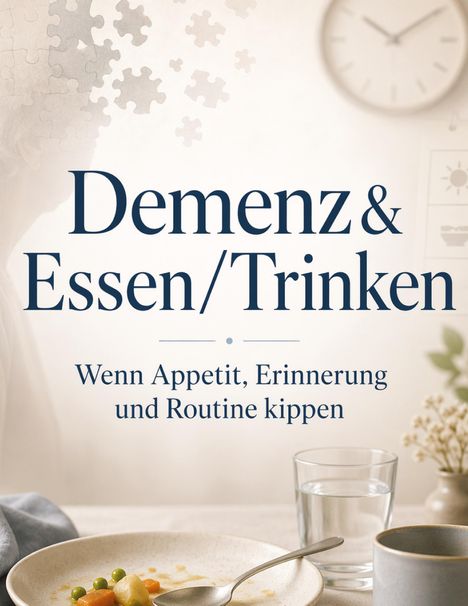„Demenz & Essen/Trinken“ und „Wenn Appetit, Erinnerung und Routine kippen“. Teller, Löffel, Glas Wasser.