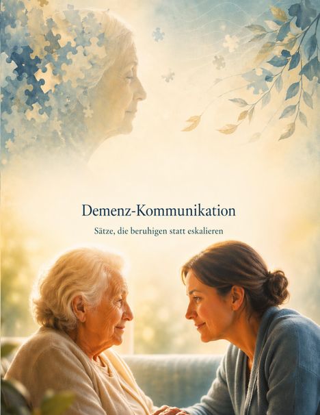 "Demenz-Kommunikation: Sätze, die beruhigen statt eskalieren." Zwei Frauen in warmer, beruhigender Atmosphäre.
